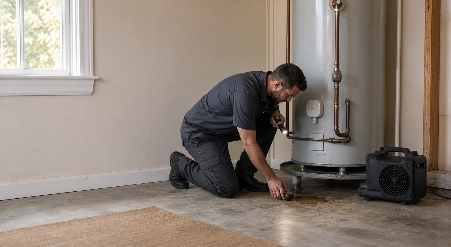 Water damage technician evaluating moisture conditions