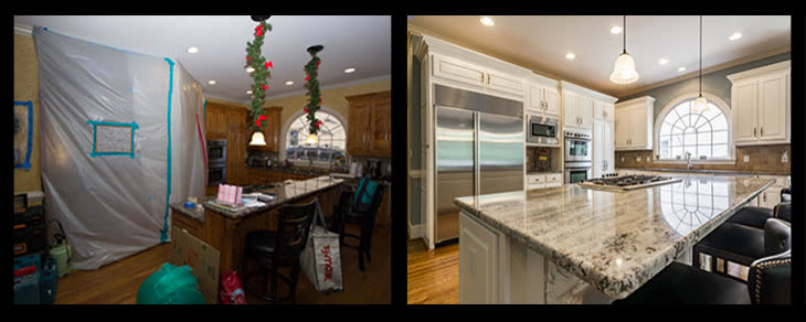 Illustrative before-and-after view of water-damaged materials and a restored interior